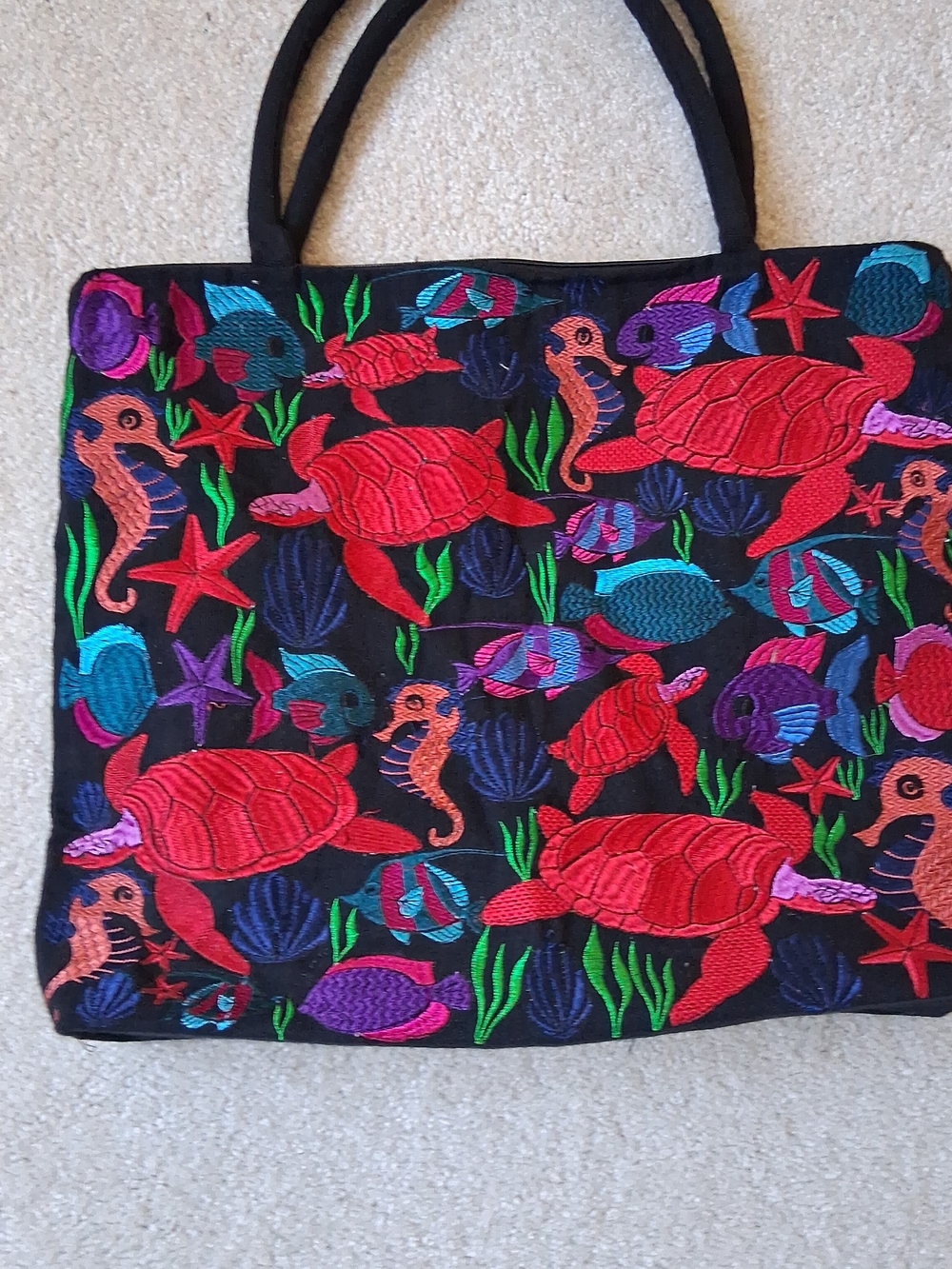 Embroidered Sea Life Tote Bag - Black with Red & Multicolor Sea Creatures